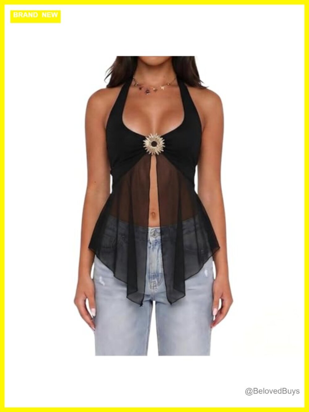 Flowy Sheer Mesh Halter Top Split Hem Backless Y2K Clubwear Festival